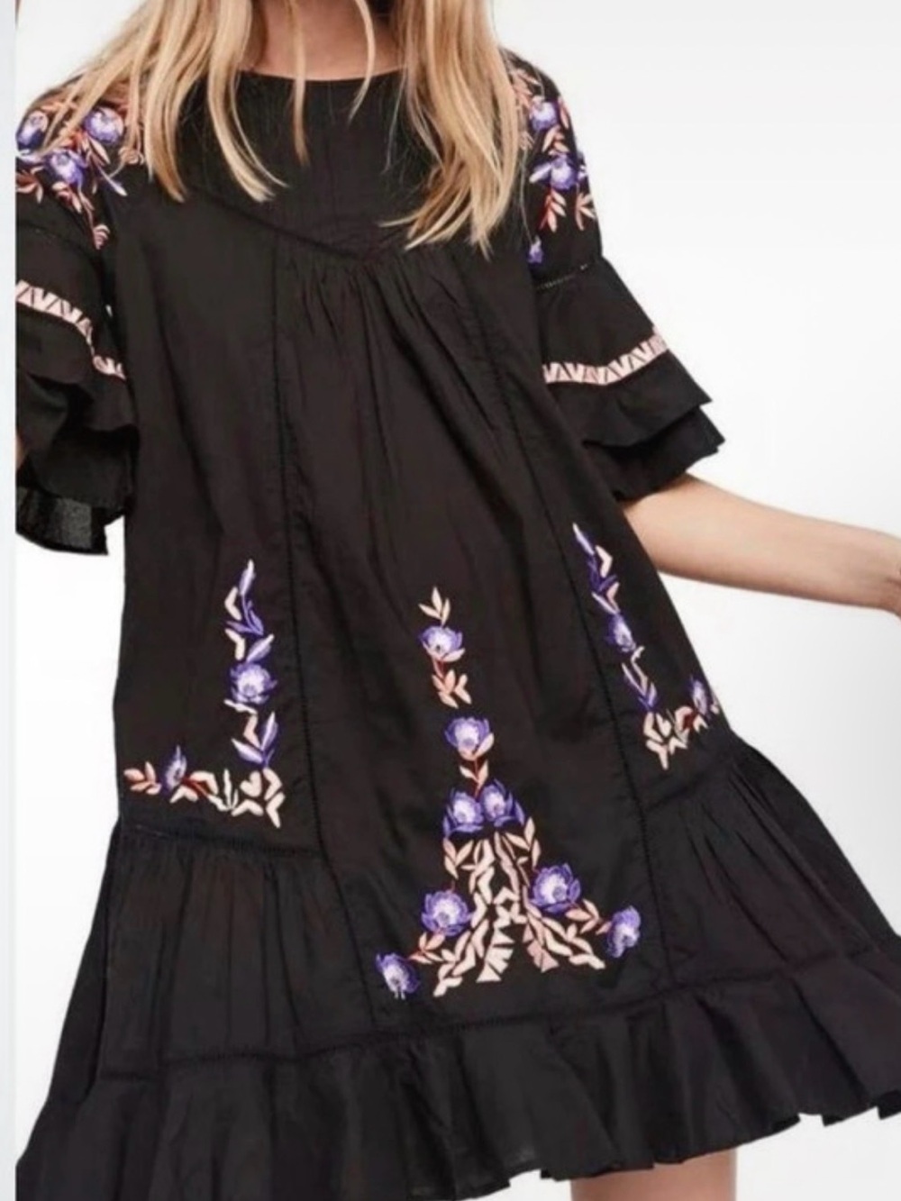 Free People Black Mini Dress with Purple Floral Embroidery